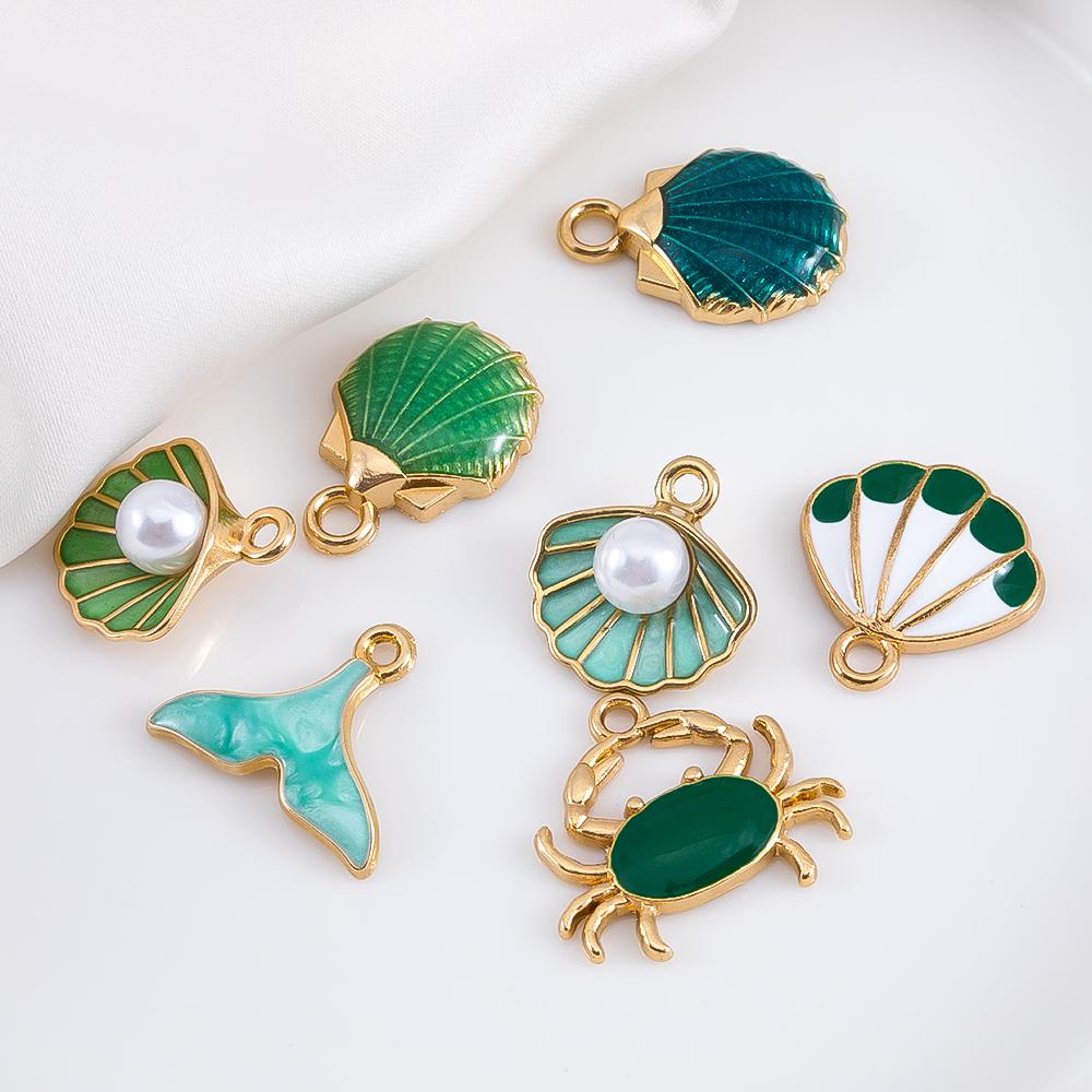 10pcs Cute Green Purple Pink Enamel Ocean Crab Conch Fishtail Heart Charms Alloy Pendants DIY Necklace Bracelet Jewelry Findings