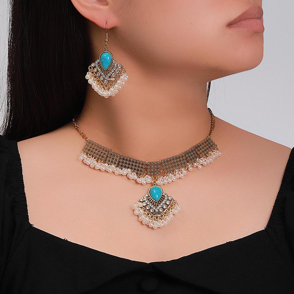 Turquoise Tassel Necklace & Earrings Retro Pearl Set