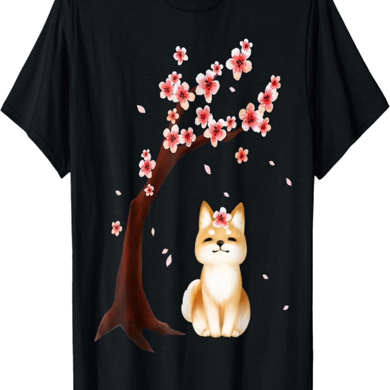 Shiba Inu Dog  Cherry Blossom Sakura Flower T-Shirt for Men Women S