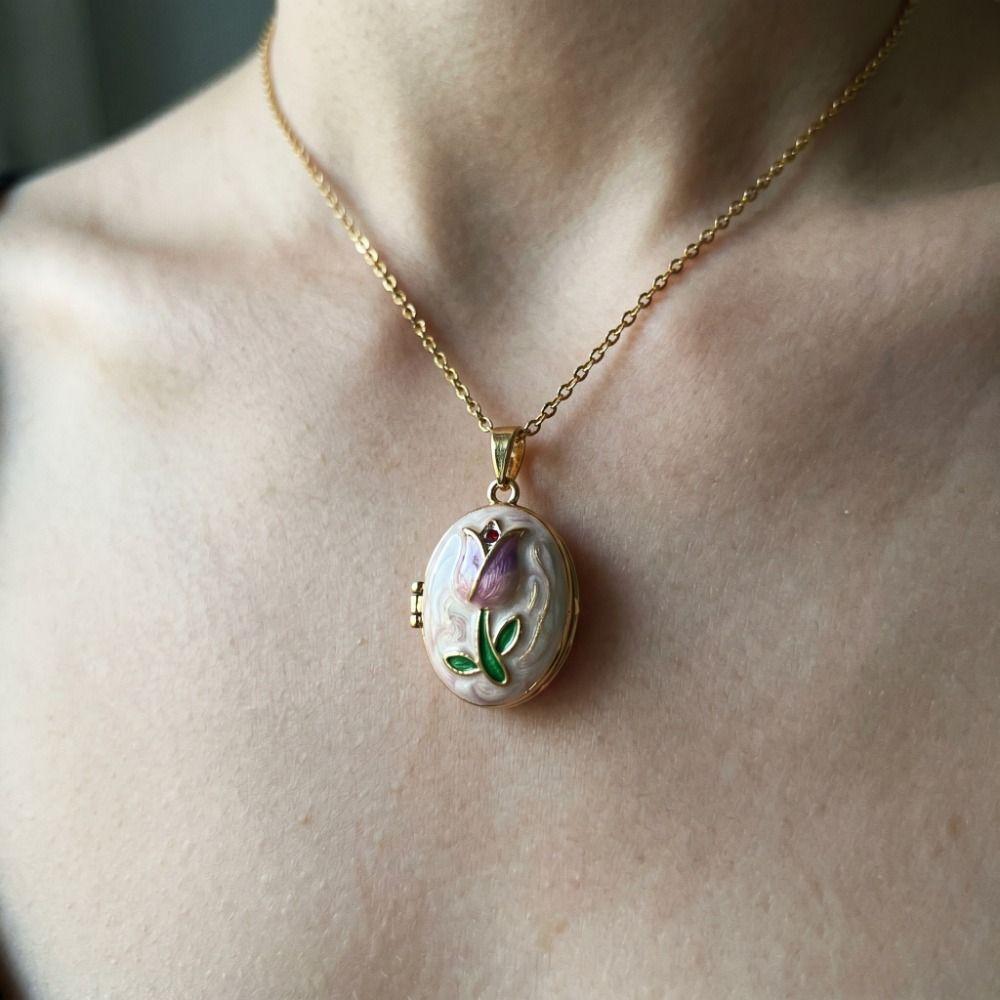 Titanium Steel Photo Locket Pendant Necklace Openable Glazed Flower Choker  Girl