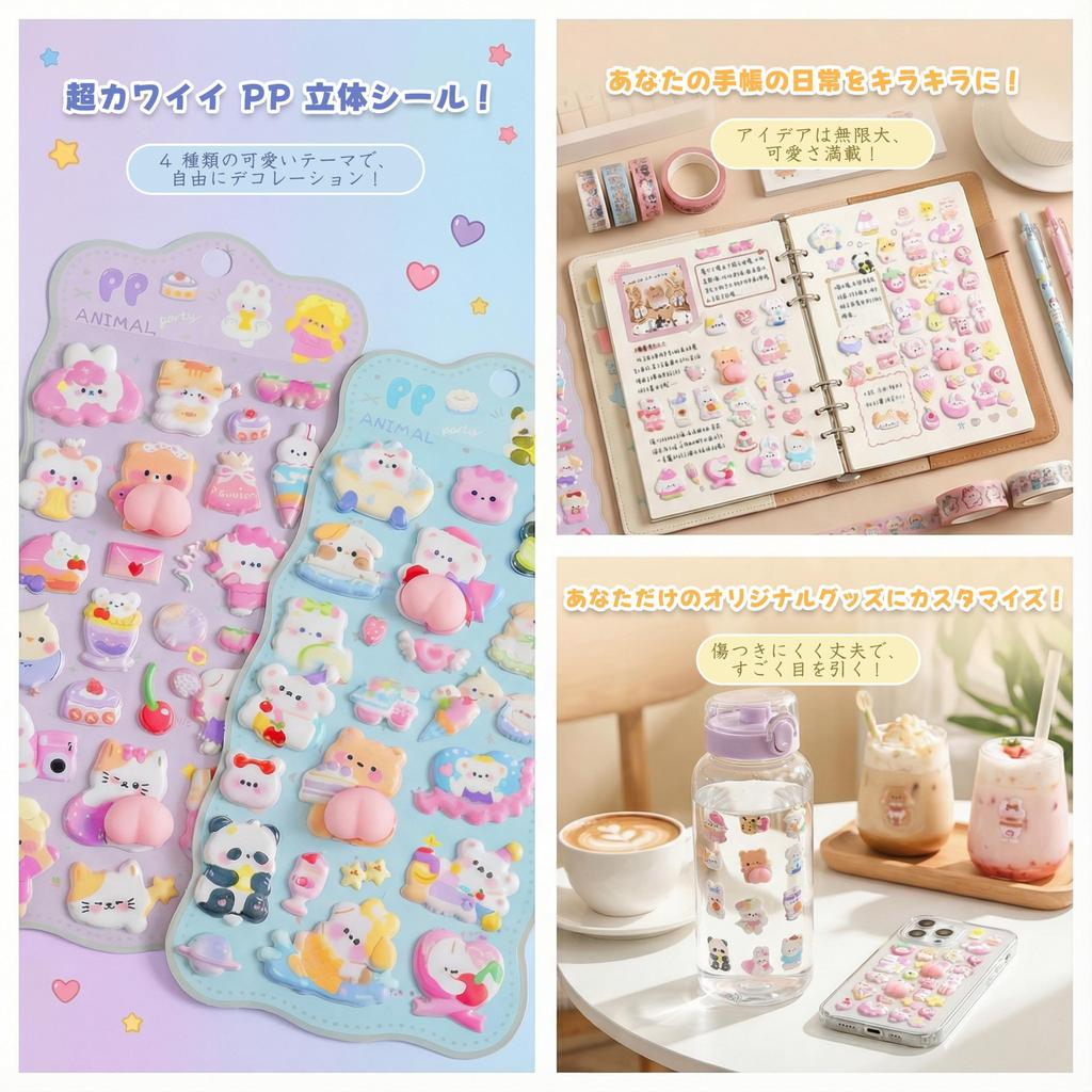 Set of 4 Cute Animal Character 3D Reward Stickers for Smartphone and Sticker Pastel Perfect for Kids and Great Prizes and Gifts Stickers, Planners,