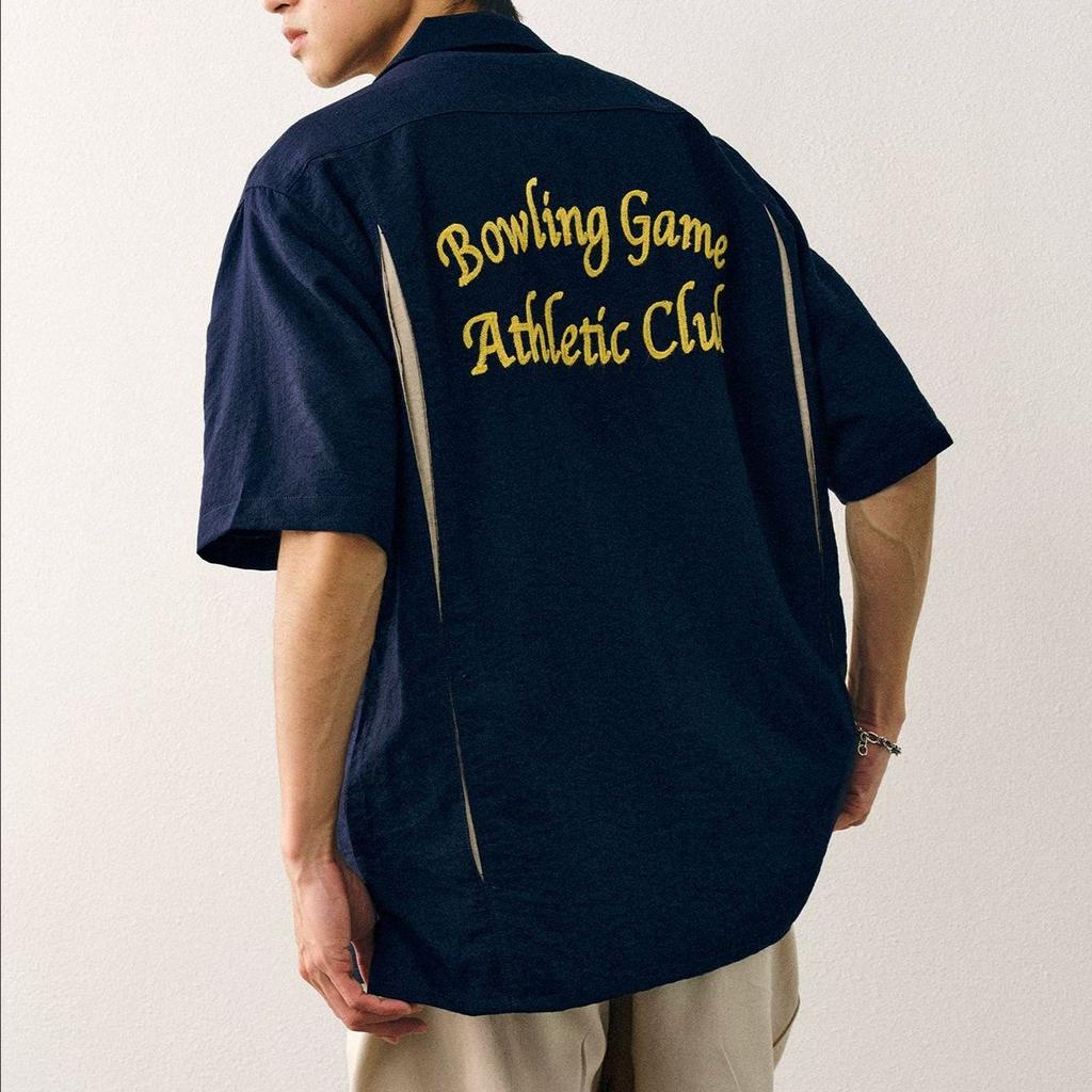 Bowlingová košile s krátkým rukávem Pánská volná letní košile s kubánským límcem Retro vyšívaná