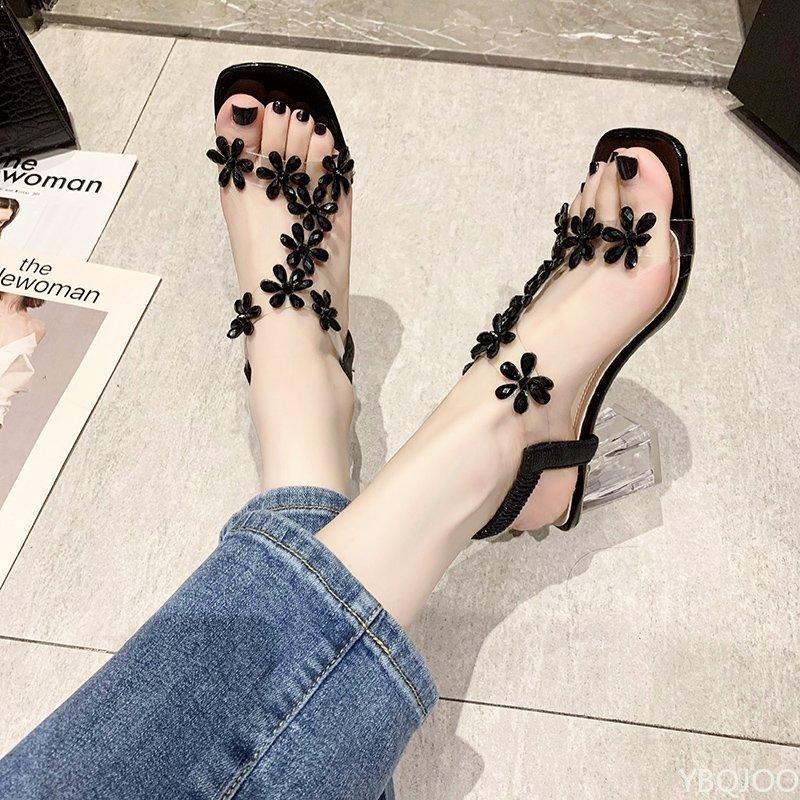 Mode Sommer Damen Sandalen Pvc Kristall Blume Dekoration Blockabsatz Fersenriemen Elastisch Peeptoe Damen Band Elegant Mode Schuhe
