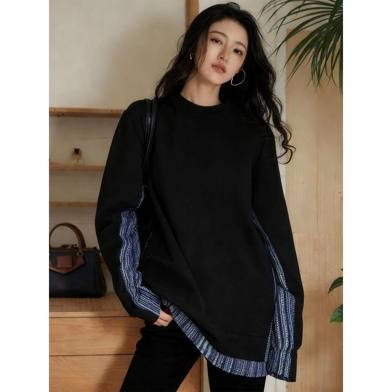 Body Shape, Contrasting Color Patchwork Mid-Length Sweatshirt for Women, New Spring Style, Relaxed and Slimming Top for Slightly Chubby Figures