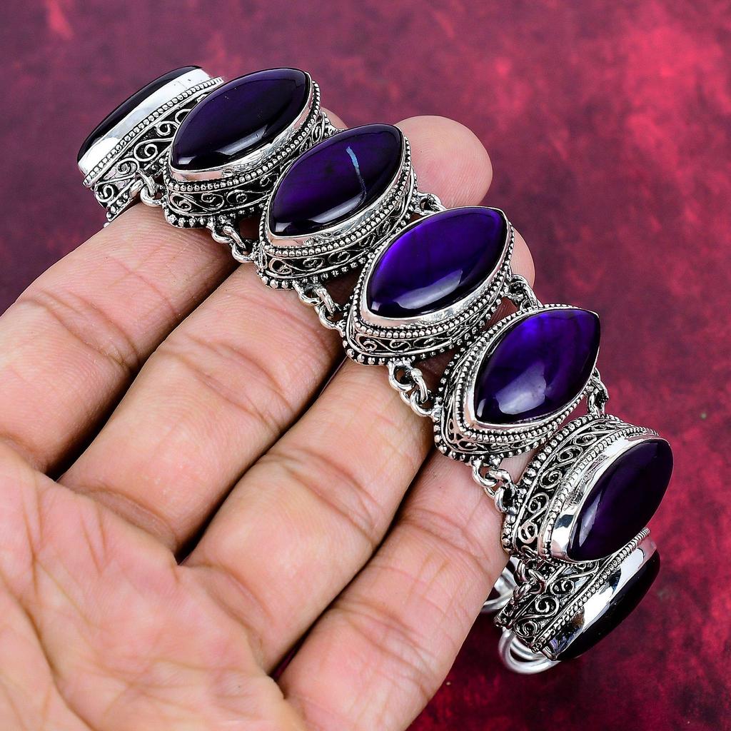 Purple Flash Labradorite 925 Solid Sterling Silver Bracelet With Adjustable Chain, Handmade Gemstone Jewelry, Bracelet For Memorial Day