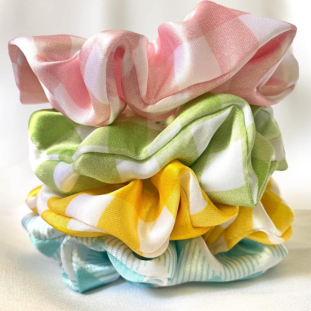 Silvr Bear Fresh Checks Scrunchies | Luxury Satin Printed Scrunchies SAME 4 COLORS AS PIC, Multi-Colour Summer Checks