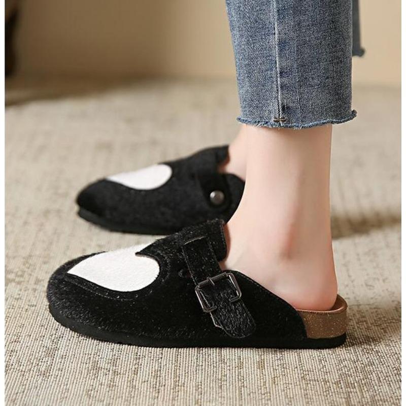 Fashion Fashion Black Print Hairy Mule Clogs Woman Brogue Heart Design Slide Sandals Ladies Brand Thick Footbed Slipper Plus Size 43