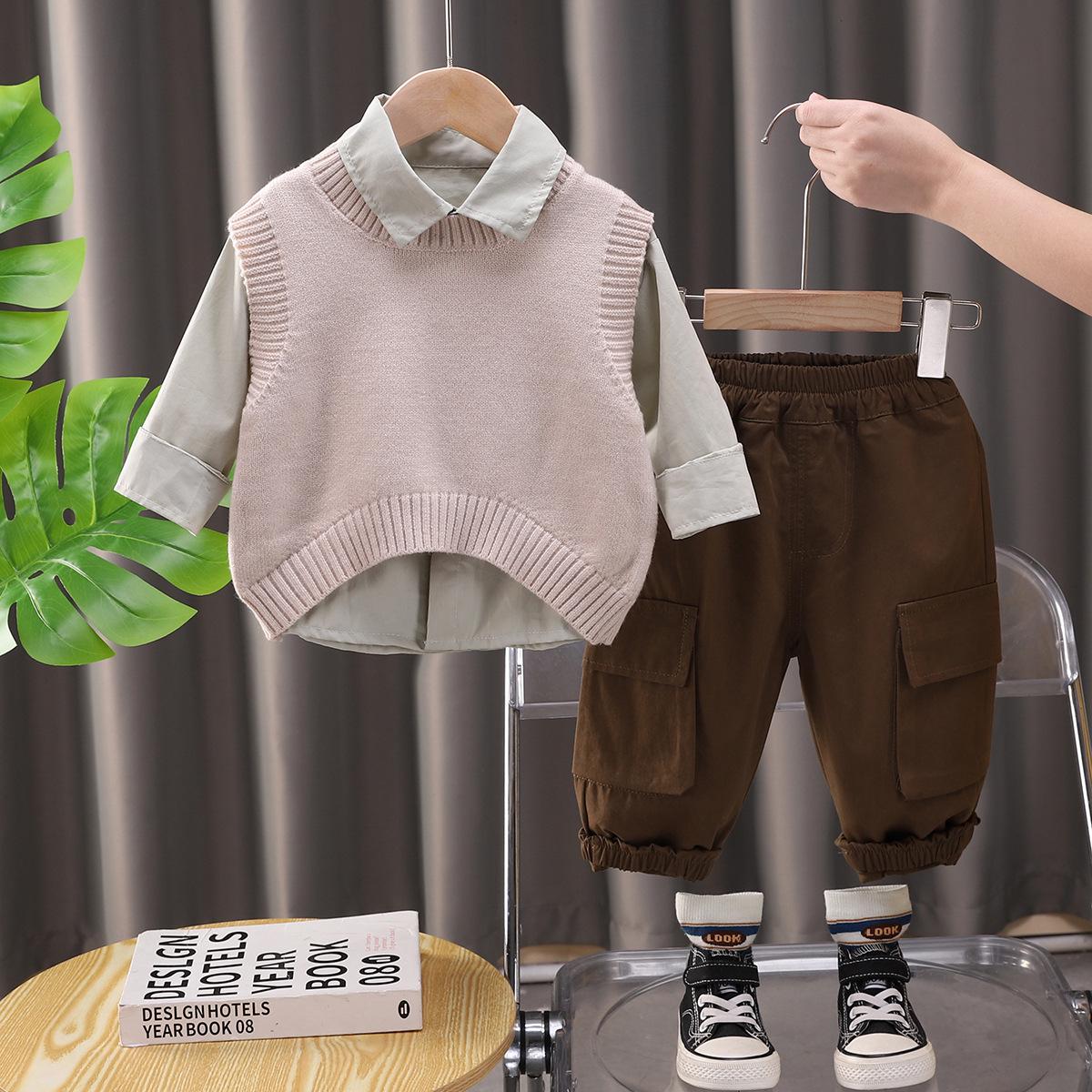 

Комплект из рубашки с длинным рукавом и жилета для мальчиков - Детский инфлюенсер, трехпредметный 100cm хаки