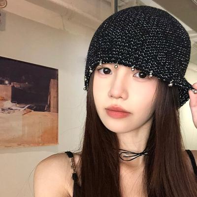 Ins Spicy Girl Sequin Pile Hat Hat Women's Versatile Fashion Handmade Knitted Hollow Out Face Display Cold Hat with Head Cover