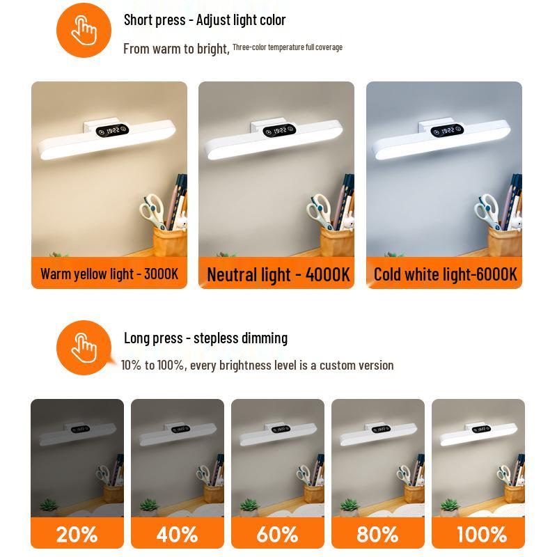 LED Eye Protection Desk Lamp with Clock - Student Study, Bedroom, Dormitory, Bedside Night Light