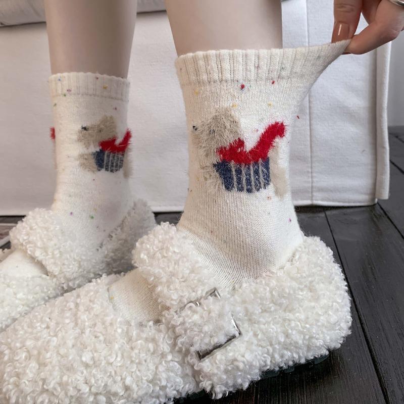 Thick and Warm Women's Socks Featuring Cartoon Dogs. Winter and Autumn Style. Wool with Yarn Dots. Mid-calf Length Socks.