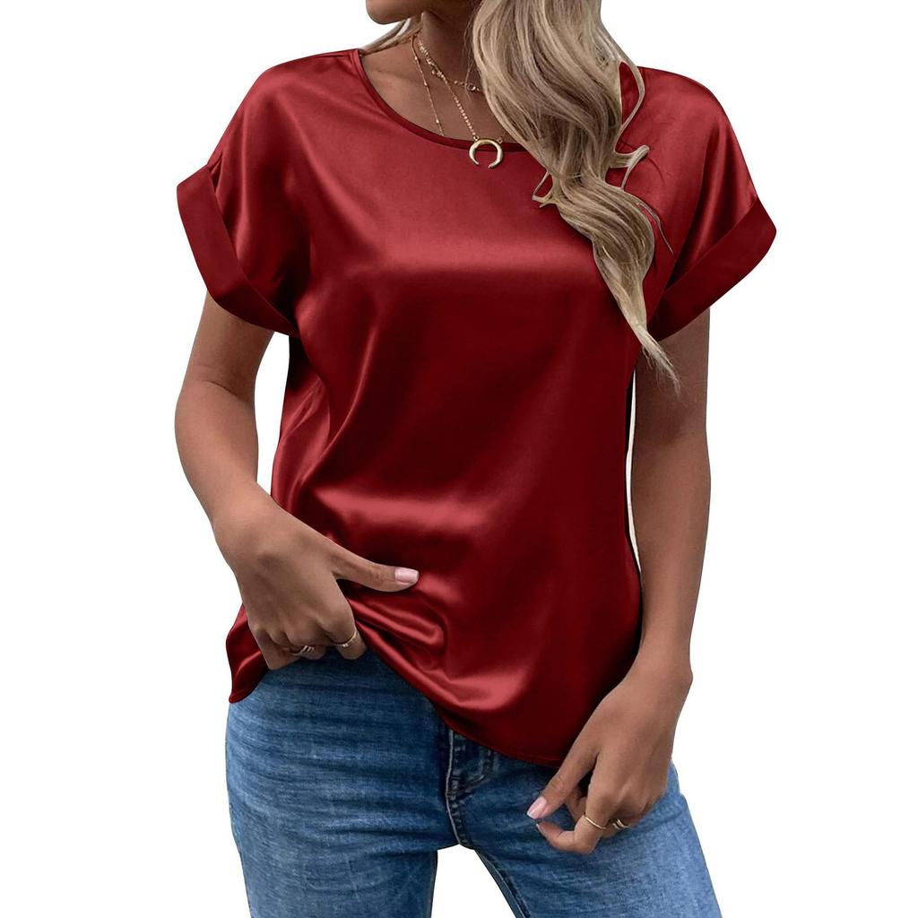 Summer Satin Round Neck Shirt Temperament Solid Color Women’s Blouses & Shirts