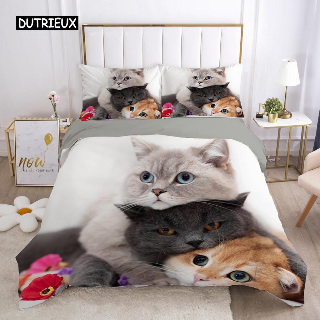 Cat Duvet Cover Set Lovely Animal Kitten Printed Quilt Cover Kids Teens Girl Animal Double Queen King Size Polyester Bedding Set