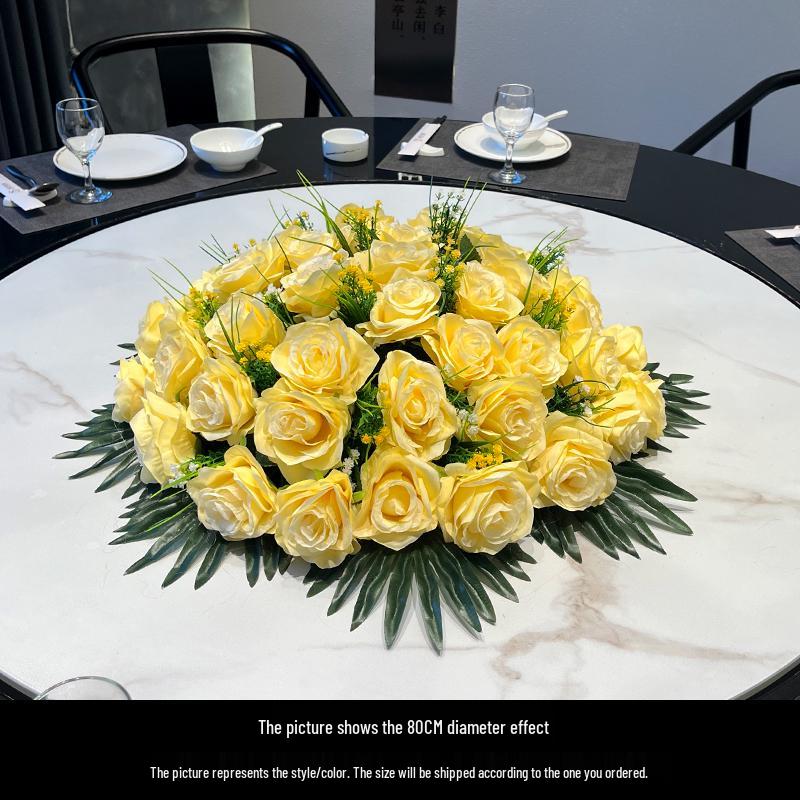 Large Round Hotel Dining Table Centerpiece: Artificial Flower Bouquet Arrangement with Turntable for Private Rooms