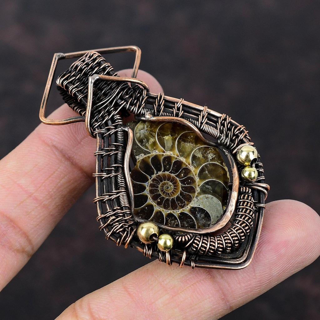 Ammonite Fossil Pendant Copper Wire Wrapped Gemstone Jewelry Copper Pendant Ethnic Jewelry Handmade Pendant Wire Wrap Pendant Gift For Women