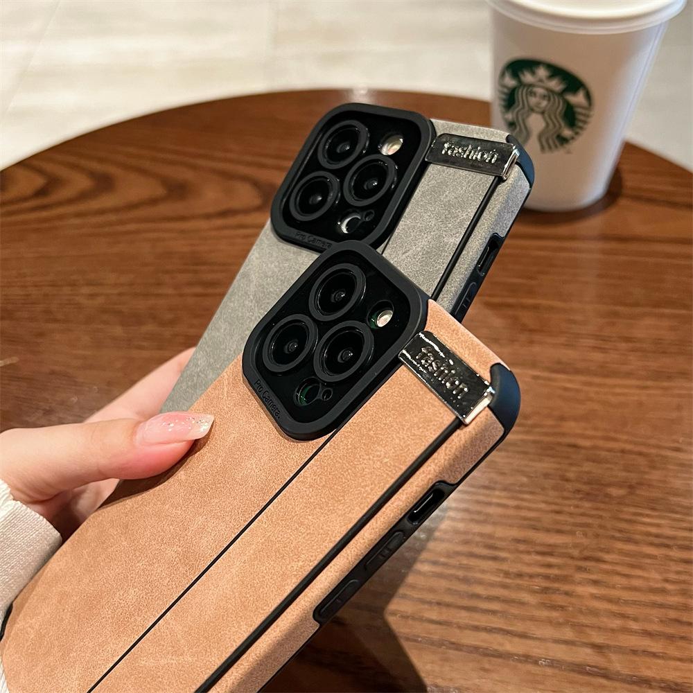 The Suede Leather Wristband Is Suitable for Apple 13promax Phone Case Stand, Iphone14 Full Bag 12 Anti-drop Leather Case