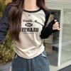 Designed contrasting letter print round neck long-sleeved T-shirt for women in early autumn with patchwork waist and short inner-layer top