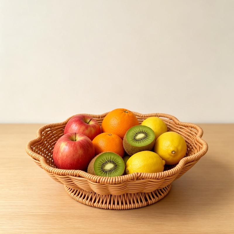 Handwoven Scalloped Edge Woven Basket Shallow Fruit Snack Bowl for Tabletop Organizer Home Decor Living Room Kitchen Storage