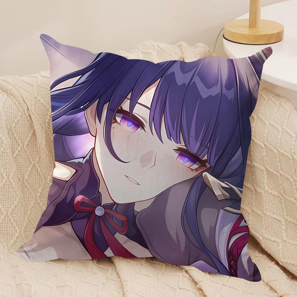 Raiden Shogun Genshin Impact Cushion Cover Silky Short Plush Invisible Zipper Dustproof Sofa Pillow Case For Home Decor