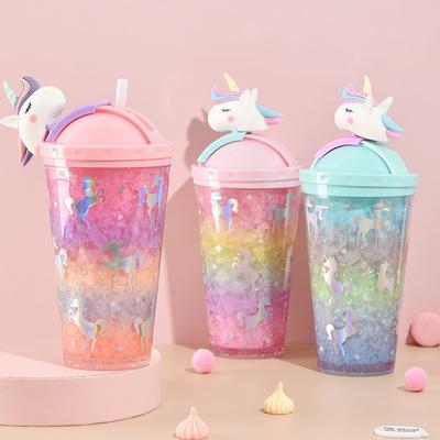 Unicorn Buz Bardak Su Şişesi Gradyan Kız Kalp Sevimli Pipet Bardak Basit Taşınabilir Ev Yaratıcı Çift Plastik Bardak