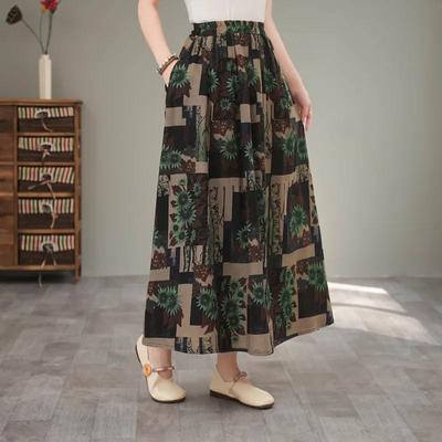 Rock für Damen Lässig Vintage Floral Elastisch Hohe Taille Lang Weit Hose Dehnbar Slim Rock