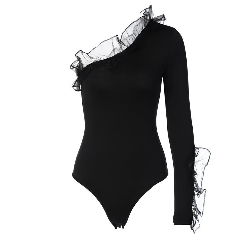 Street Y2K Fashion Slim Fit Casual Women's Jumpsuits Mesh Ruffle Single Shoulder Sleeve Sexy Rompers Women Elegant High Waist Bodysuits T-shirt 25761