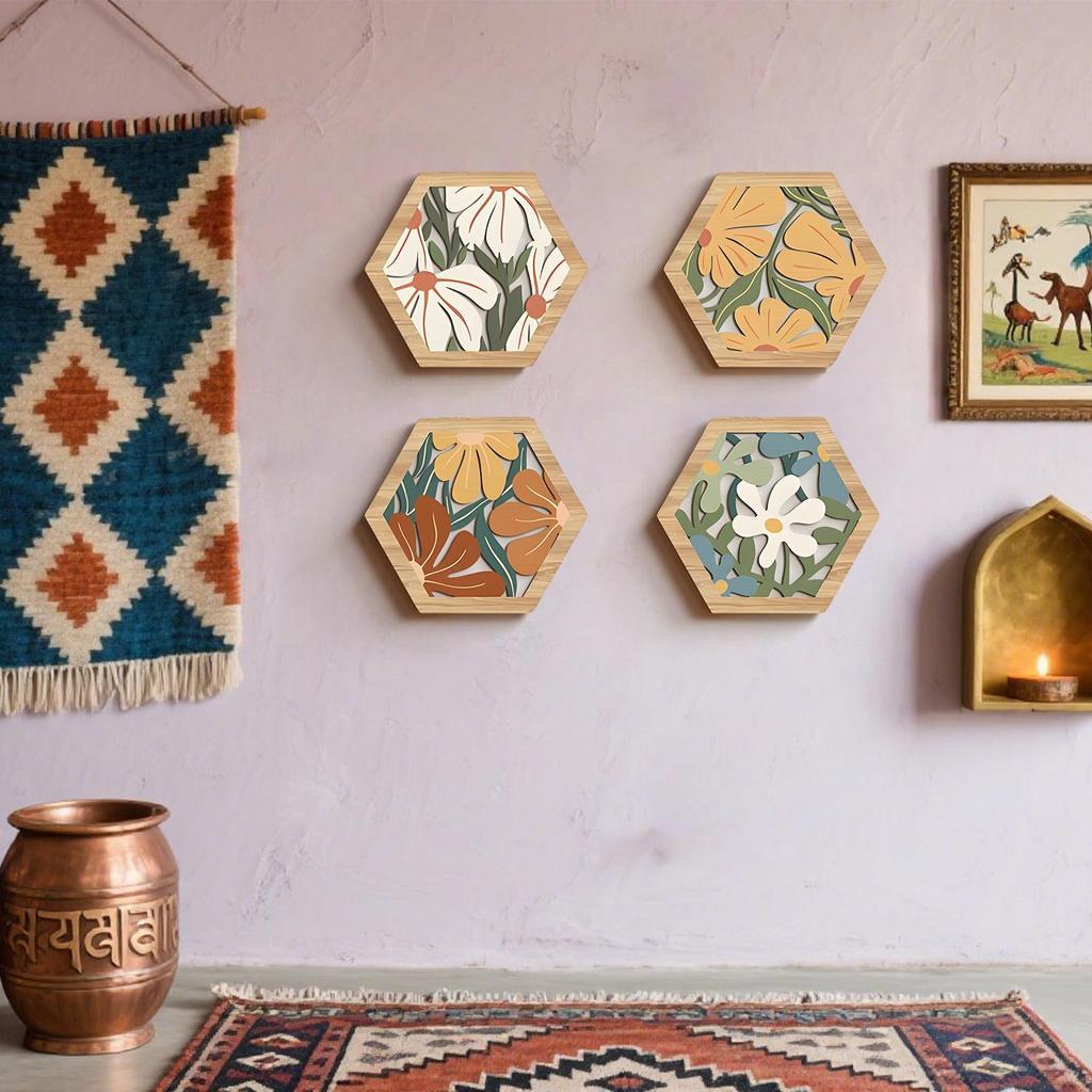 4pcs Bohemian Flowers and Plants Wooden Hanging Wall Decoration Morandi Geometric Hollow Home Hanging Wall Decoration
