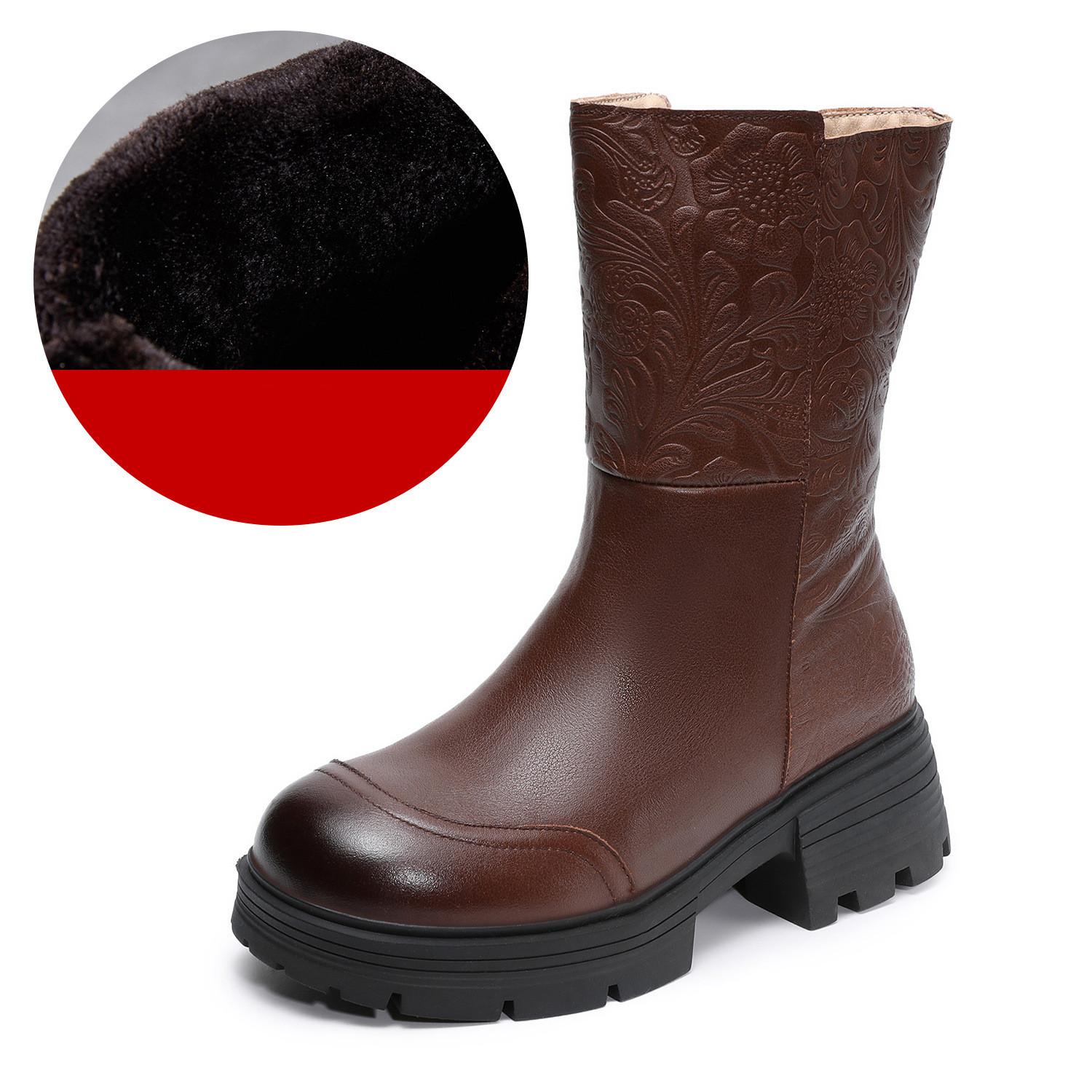 

Johnature Plush Warm Genuine Leather Mid-calf Boots Retro Embossed Thick Heel Women s Boots 40