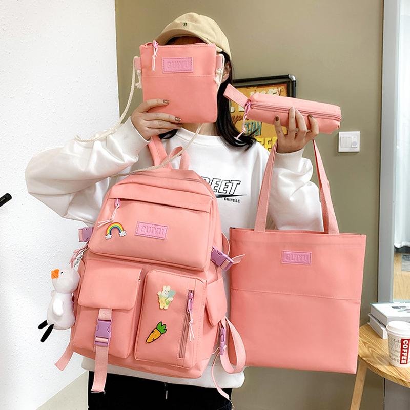 Academic Style Senior High School University Student Schoolbag Backpack Women's Four-Piece Canvas Backpack