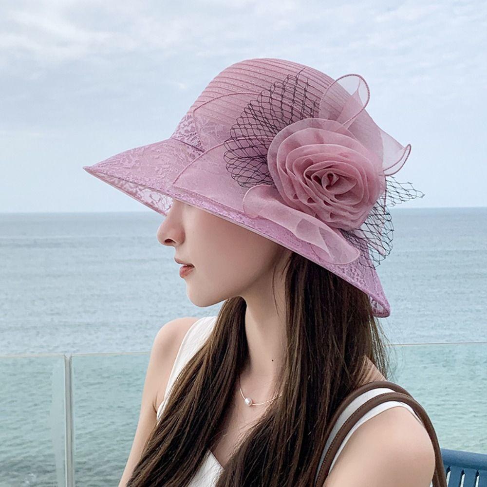Flower Outdoor Sunshade Hat Organza Women Fisherman Hat New Summer Basin Hat