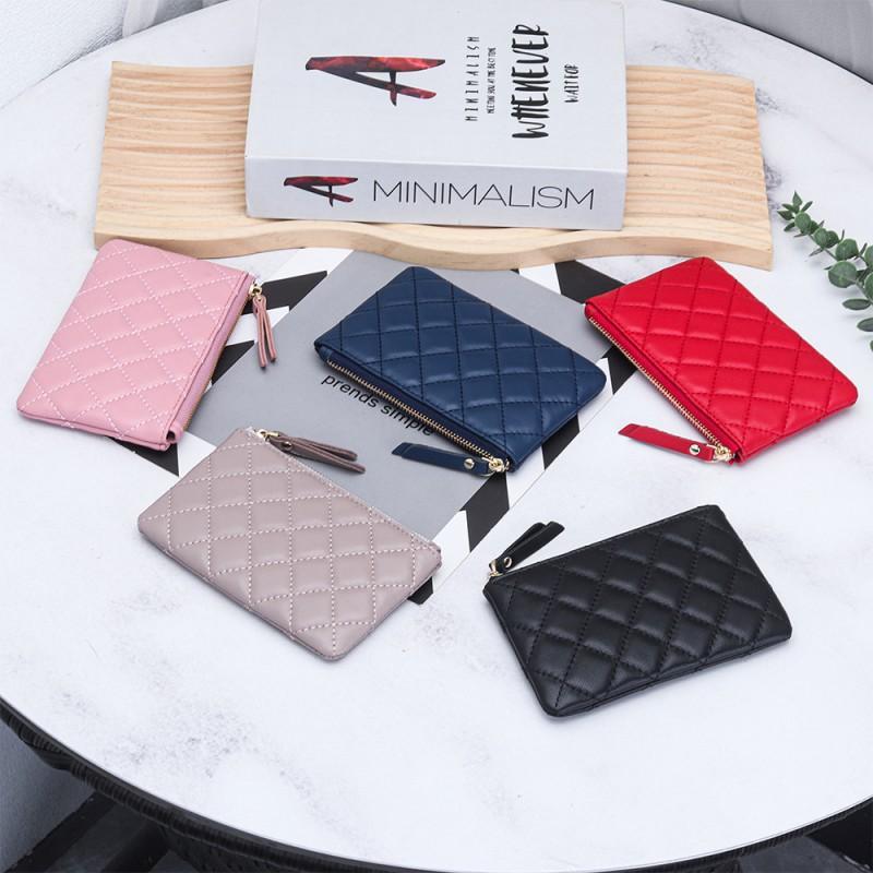 Korean Sheepskin Change Purse Women's Hand-held Key Chain Loose Wallet Diamond-grid Zipper Mini Genuine Leather