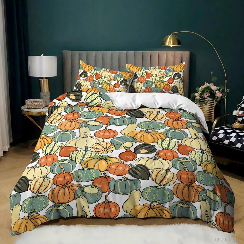 Pumpkin Duvet Cover Set Pumpkin Harvesting Holiday Halloween Thanksgiving Theme Bedding Set Microfiber Queen Size Quilt Cover