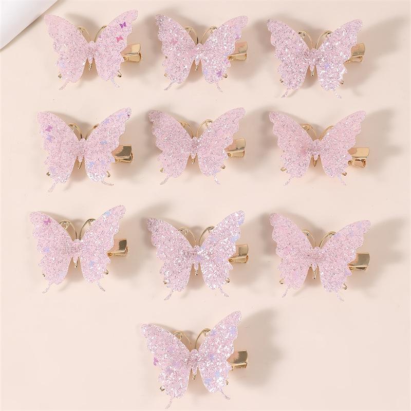 10Pcs Set Pink Sparkling Butterfly Hair Clip Children's Sparkling Hair Clip Girl Cute Styling Headwear Set Butterfly Hair Clip
