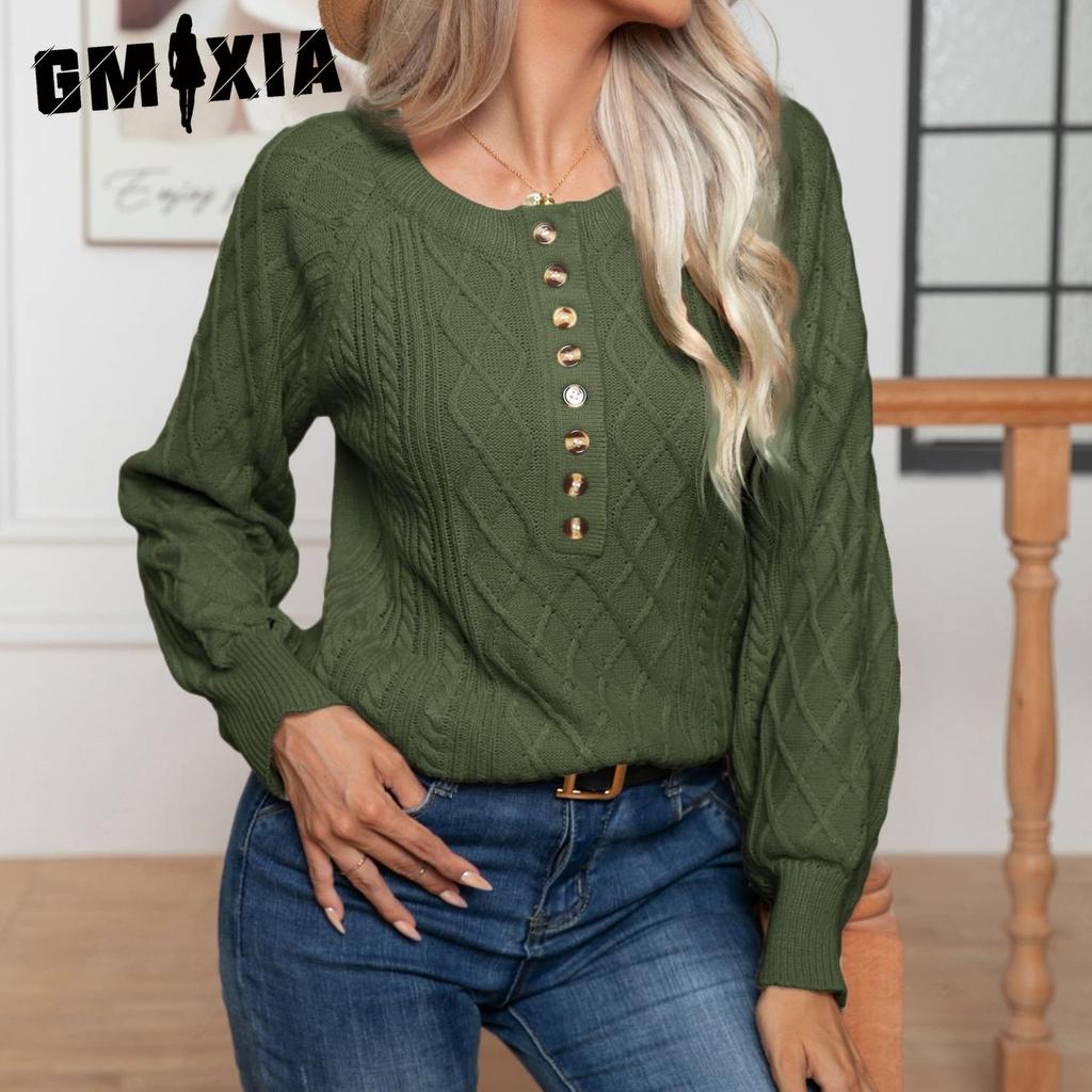 GMXIA Solid Color Print Autumn Winter O-Neck Casual Button-twisted Long Sleeve Twist Knit Pullover Sweater for Women