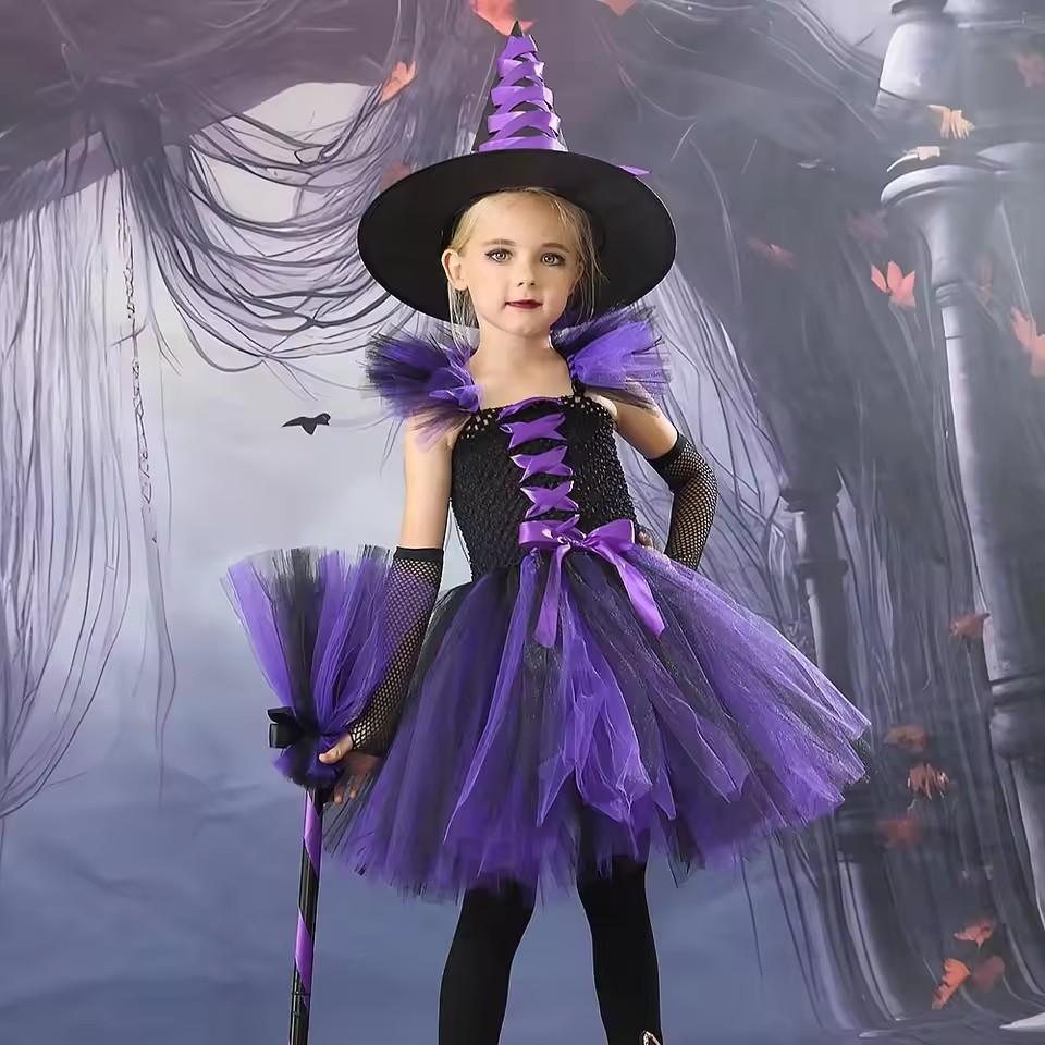 Girls Colour Witch Costume Disguise Halloween Cosplay Carnival Party Christmas Toddler Kids Princess Dress Prom Gown Dress
