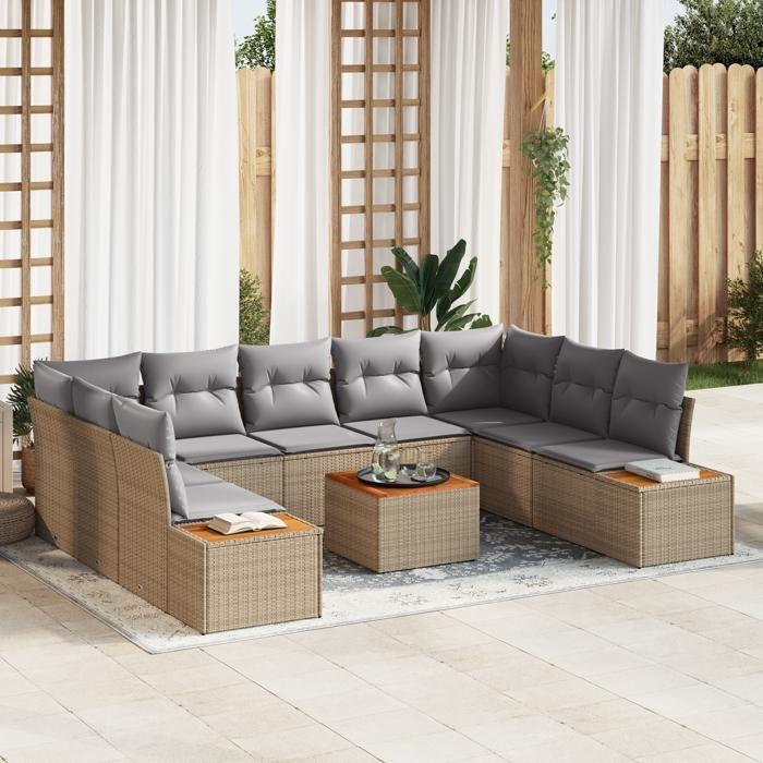 VidaXL Ensemble de Canapés de Jardin 10 Pièces avec Coussins Beige Poly Rattan Acacia 3348171