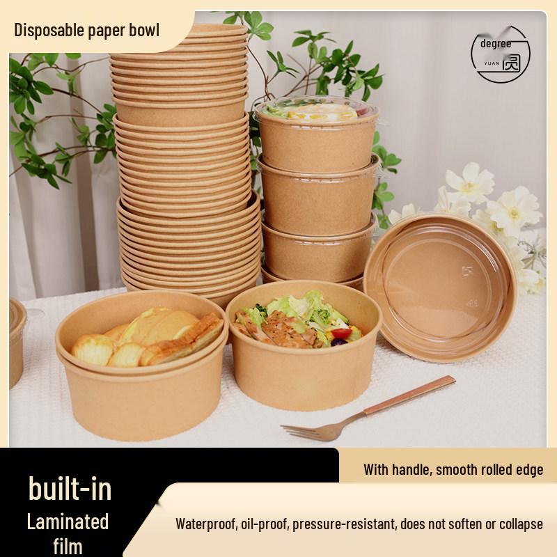 Cheng Yuan Thickened Waterproof and Oil-Proof Round Kraft Paper Food Container with Lid for Takeout and Salad Packaging