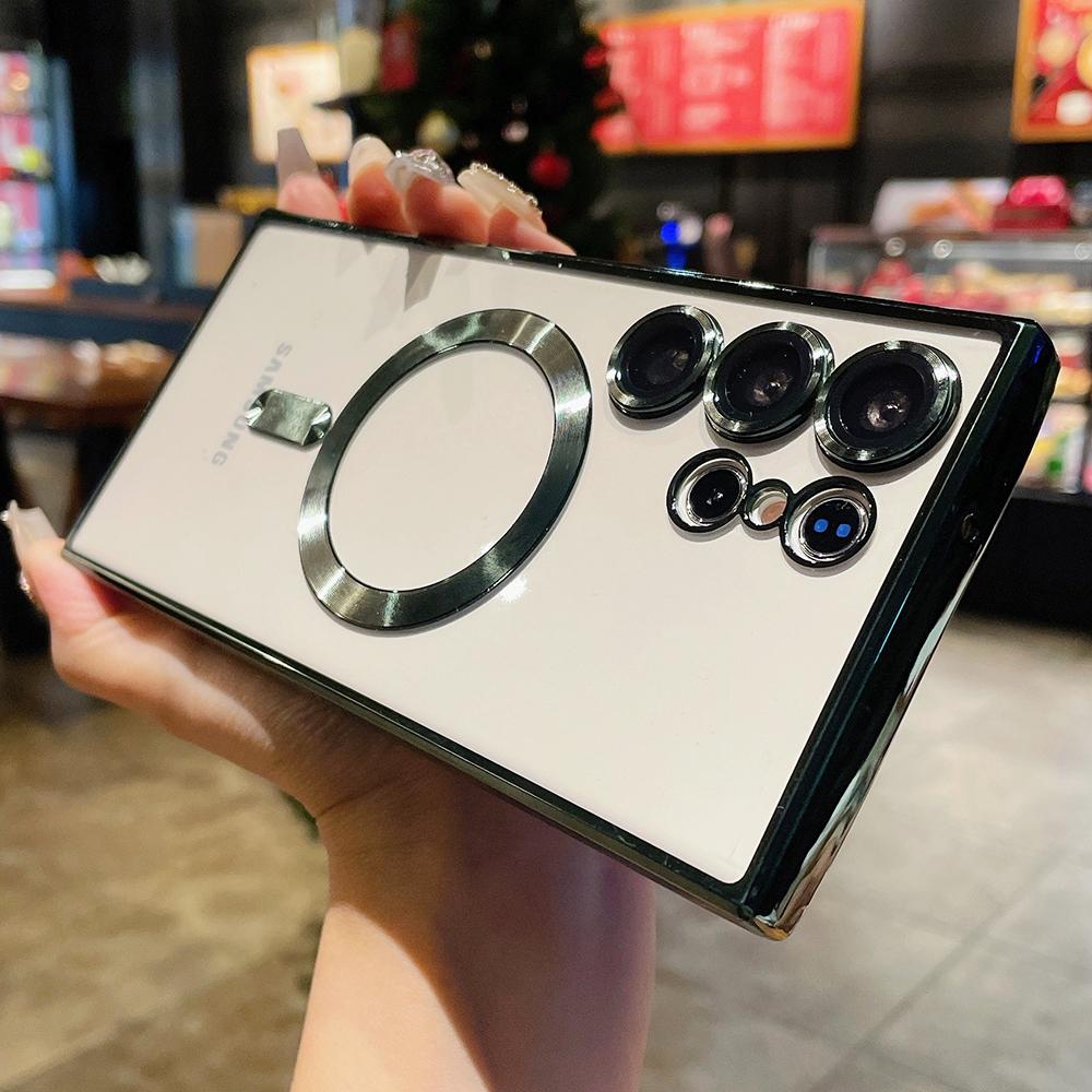 Plating Magnetic Transparent Case For Samsung S25 S24 Ultra S23 Plus S22 S21 FE Note 20 Wireless Charge Lens Protection Cover