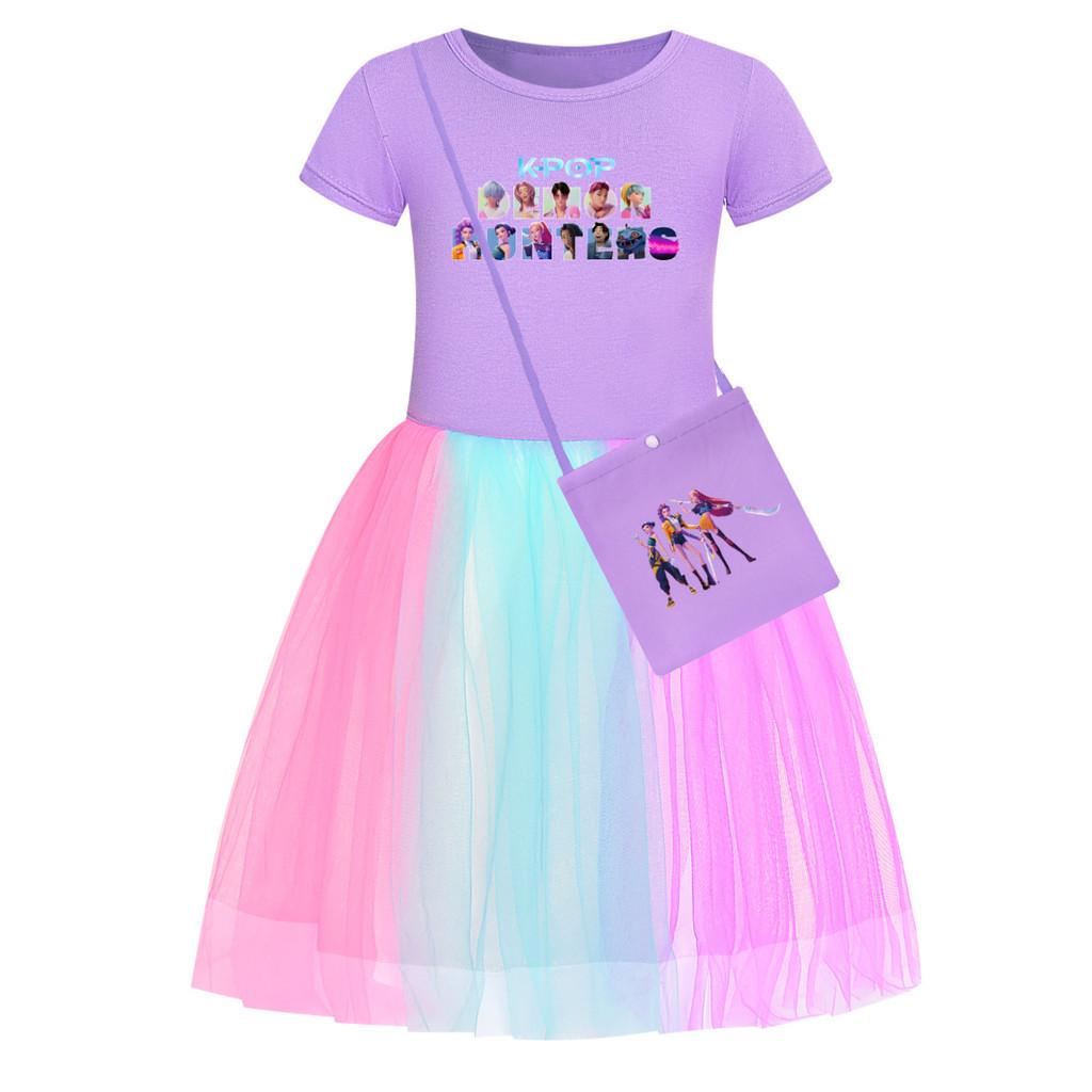 Kinder Mädchen Anime Cartoon POP Sängerin Super Star Rumi Zoey Mira Print Mesh Regenbogen Rundhals Lässiges Baumwollkleid