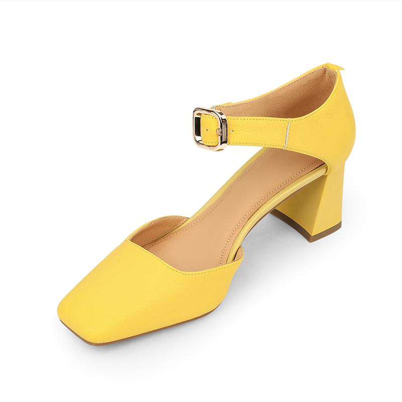 2024 Summer New Women Shoes Square Toe High Heels Cover Heel Shoes Women Genuine Leather Women Sandals Concise Retro Mary Janes