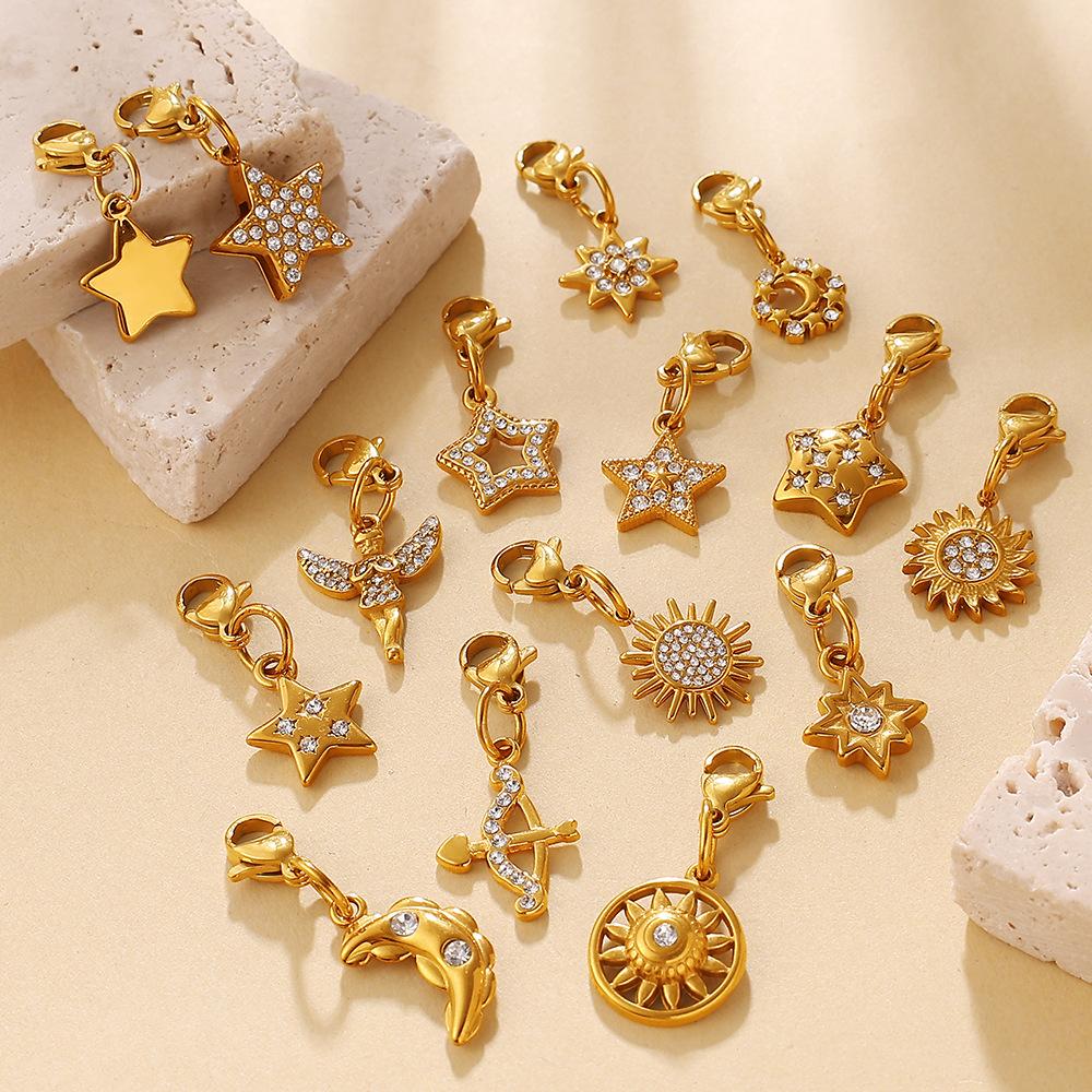 Fashion Light Luxury Diamond Star Moon Sun Lobster Buckle Pendant Stainless Steel Gold Plated DIY Versatile Accessories