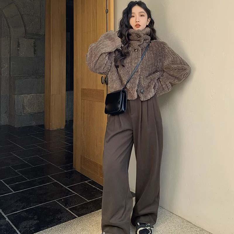 Women Winter Vintage Warm Lambswool Coats Fashion Padded Cotton Outerwear Stand Collar Cropped Jacket