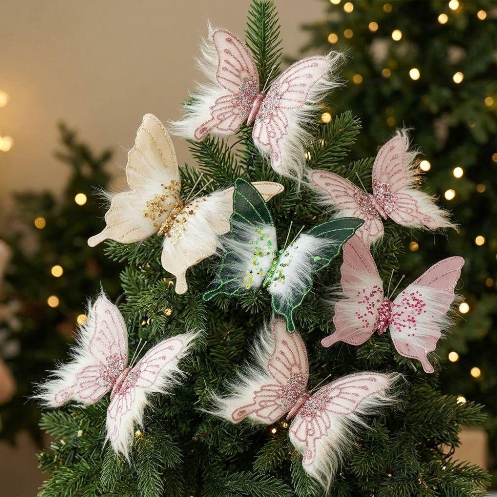 Clip-On Christmas Butterfly Ornaments Flocking Finish Xmas Butterfly Clip Decor  Holiday Party