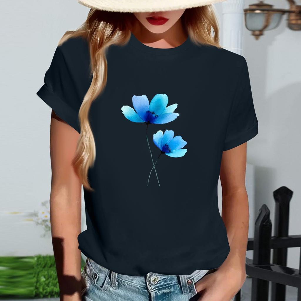 Damen Modisches Rundhals Casual Retro Print Kurzarm T-Shirt Top