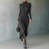 Elegant High Neck Wrap Dress With Cinched Waist Asymmetrical Hem Womens Knit Midi Winter 2025