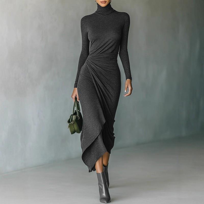 Elegant High Neck Wrap Dress With Cinched Waist Asymmetrical Hem Womens Knit Midi Winter 2025