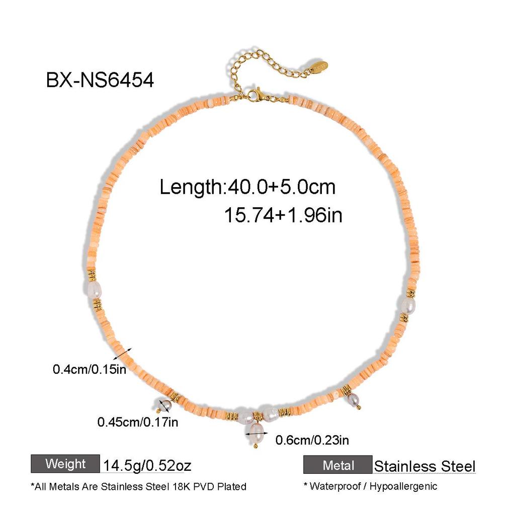 INS Style Colorful Beaded Necklace with Freshwater Pearl Pendant and Titanium Steel Chain