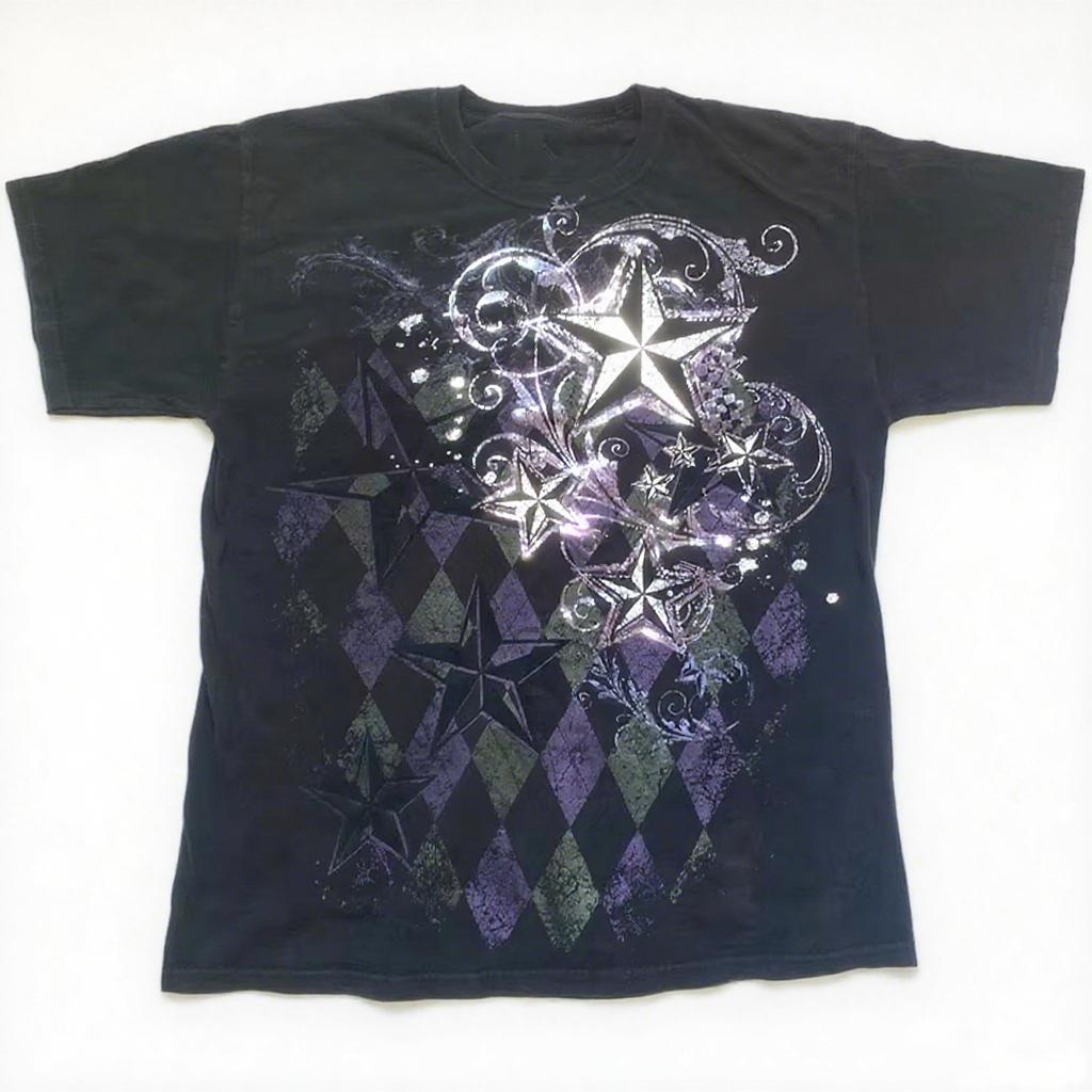 E Girl Gothic Mall Goth Short Sleeve TShirt Unisex Fashion Y2KCyber Grunge Cross Wing Print Short Sleeve Vintage Harajuku