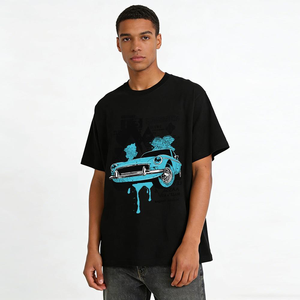 Vintage Klassisches Auto Print T-Shirt Street Retro Stil Lässiges Herren Oberteil Reines Baumwoll T-Shirt