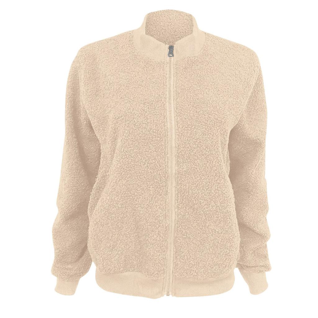 Women's Fashionable Warm Shearling Jacket With Zip-Up Solid Colour Outerwear